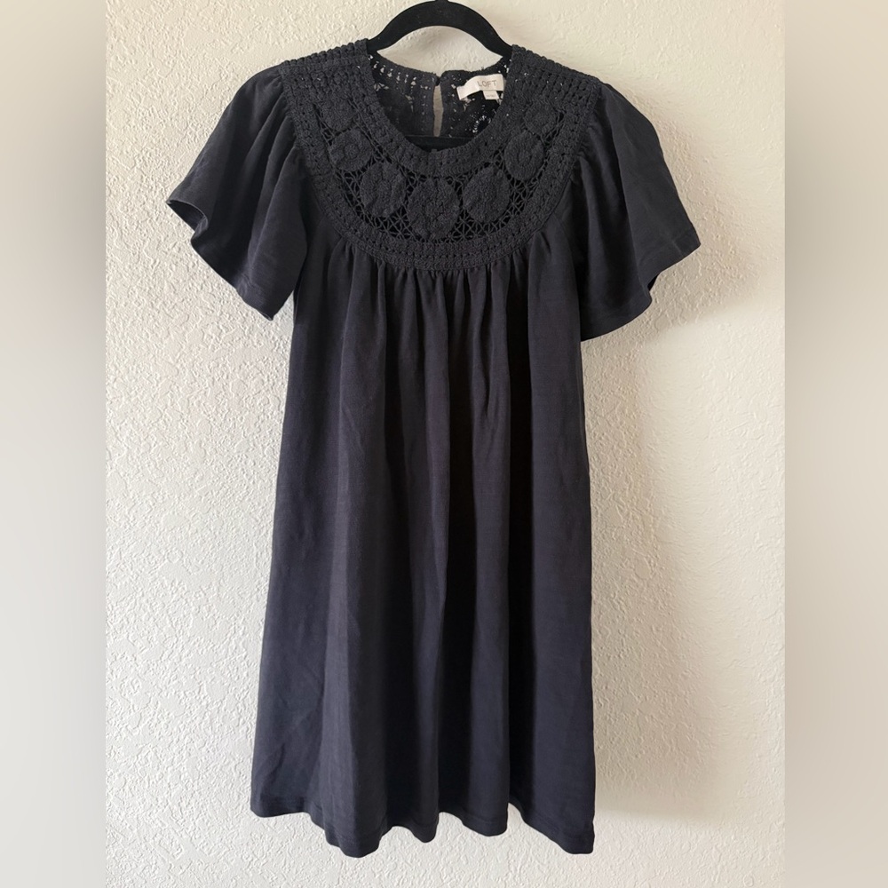 LOFT Black Crochet Detail Mini Dress XS Summer Coastal Style All Cotton Goth LBD